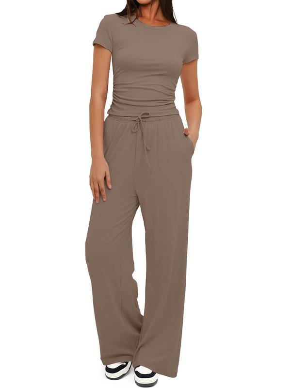 Women's Solid Color Tee & Wide Leg Pants Loungewear Two-Piece Set, Casual Comfy Round Neck Short Sleeve T-Shirt & Trousers PJ Set, Ladies Sleepwear for All Seasons